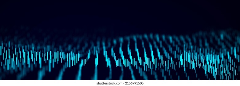 Abstract dynamic wave flow of blue vertical lines on dark background. Digital wave background concept. Big data visualization. 3D rendering.