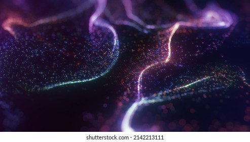 Abstract Dynamic Wave Of  Particles And Fluid Formation On Dark Background. Wave Of Bright Particles. Digital Technology Background. Big Data. AI. 3D Rendering