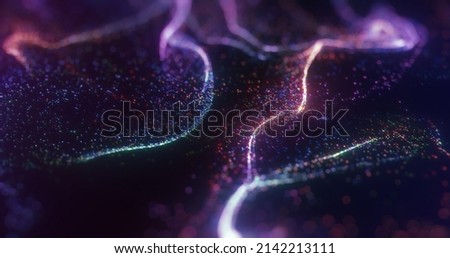 Abstract dynamic wave of  particles and fluid formation on dark background. Wave of bright particles. Digital technology background. Big data. AI. 3D rendering