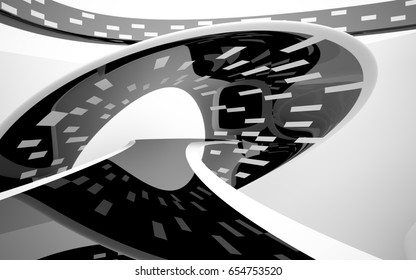 Abstract dynamic white interior with black smooth objects. 3D illustration and rendering