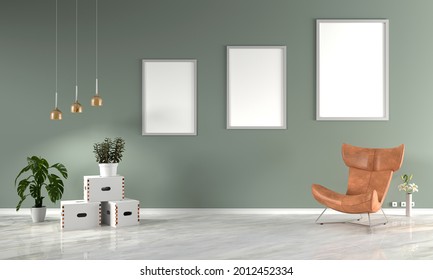 Abstract Earth Tone Living Room With Frames, 3D Rendering