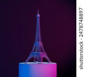 Abstract Eiffel Tower Building on a Pedestal in Neon Light on a black background. 3d Rendering