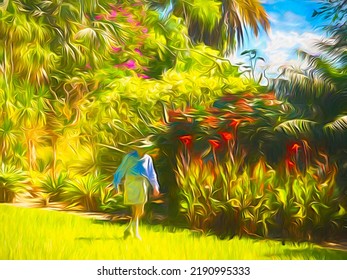 Abstract Of An Elderly Man Wearing A Sunhat As He Walks Near Edge Of Bed Of Tall Flowers And Bright Lawn In An Ornamental Garden On A Summer Day In Florida. Digital Painting Effects, 3D Rendering.