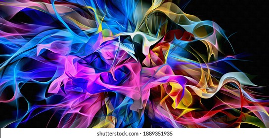 Abstract electrifying lines, smoky fractal  pattern, digital illustration art work of rendering chaotic dark background.
