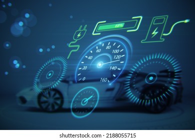 Abstract Electronic Car Dashboard Interface Hologram On Blurry Blue Wallpaper. Automobile, Charging And Futuristic Technology Concept. 3D Rendering