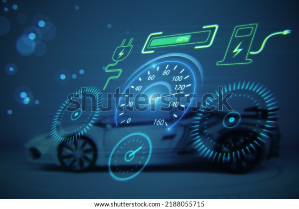 Abstract electronic car dashboard interface\
hologram on blurry blue wallpaper. Automobile, charging and\
futuristic technology concept. 3D\
Rendering