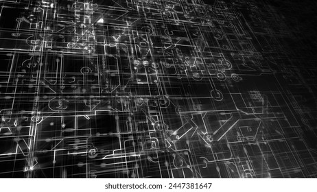 Abstract electronic circuits. Technology background. Black and white stylized circuit boards, depicting computers, networks.