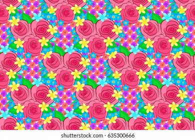 Abstract elegance seamless pattern with floral motifs on a white background. Decorative rose flowers and green leaves repeating pattern. Raster illustration.