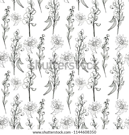 Abstract elegance seamless pattern with floral background. black and white colors.