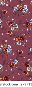 abstract embossed and solid illustrations textile design, arrangement with a medium dual-tone rose flower and stalk leaves, all-over seamless pattern dark magenta background with purple and brown tone colour digital clothes motif factory 