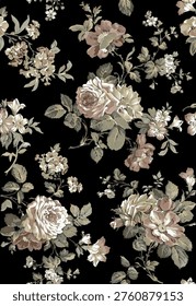 abstract embossed solid illustrations textile design, arrangement with a big monochrome rose flower and leaves, all-over seamless pattern black background with green and orange tone colour digital clothes motif factory 
