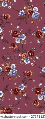 abstract embossed and solid illustrations textile design, arrangement with a medium dual-tone rose flower and stalk leaves, all-over seamless pattern dark magenta background with purple and brown tone colour digital clothes motif factory 