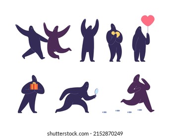 Abstract Emotional Characters. Isolated Funny Monster With Love, Gift Box. Detective Pursue Criminal. Free Shape Person In Different Situations, Set