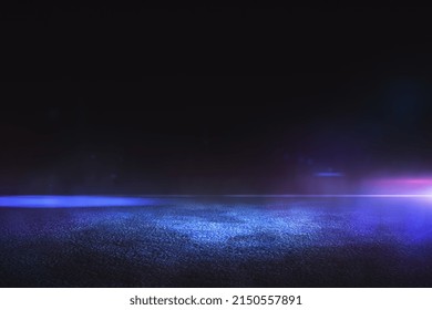Abstract empty background with dark asphalt and neon purple, blue and pink light spots for car presentation