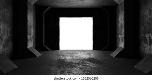Abstract empty, black, dark concrete room with lighting from back wall, pillars and rough floor - industrial interior background template, 3D illustration