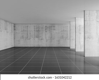 Abstract empty concrete interior with columns and black floor tiling, 3d rendering illustration