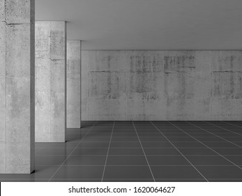 Abstract empty concrete room interior with columns and black floor tiling, 3d rendering illustration