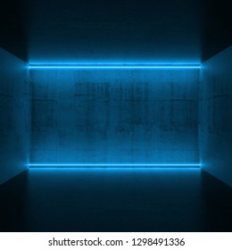 Abstract empty dark concrete interior with horizontal blue neon lights, 3d render illustration