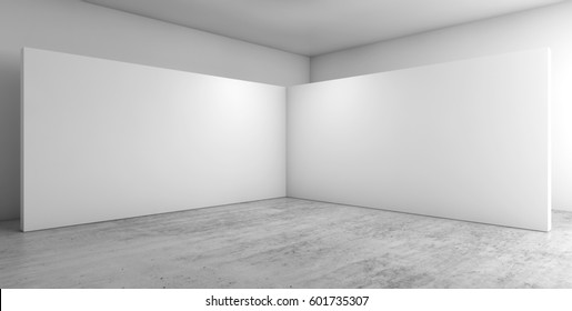 Abstract empty interior, corner of white installation on concrete floor, contemporary architecture design. 3d render illustration