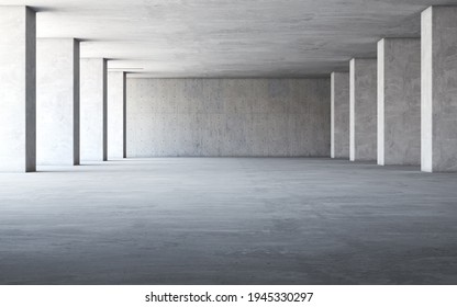 Abstract empty, modern concrete interior with pillars - industrial interior background template, 3D rendering
