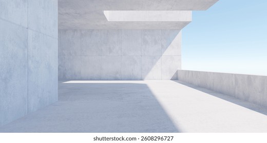 Abstract empty, modern concrete open room with sky view and rough floor - industrial interior background template, 3D illustration