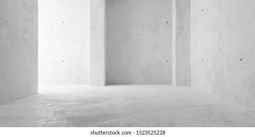 Abstract empty, modern concrete room with indirect lighting from side wall, pillars and rough floor - industrial interior background template, 3D illustration