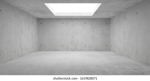 Abstract empty, modern concrete room with indirect lighting from opening in ceiling and rough floor - industrial interior background template, 3D illustration