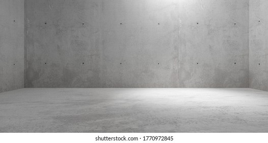 Abstract Empty, Modern Concrete Room With Spotlight On Back Wall Corner And Rough Floor - Industrial Interior Background Template, 3D Illustration