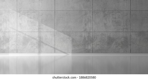 Abstract empty, modern concrete room with indirect lighting from top, plated back wall, sun window shadow and polished floor - industrial interior background template, 3D illustration