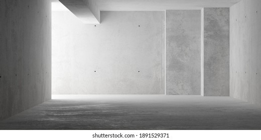 Abstract empty, modern concrete room with indirect lighting from left side wall, pillar and rough floor - industrial interior background template, 3D illustration