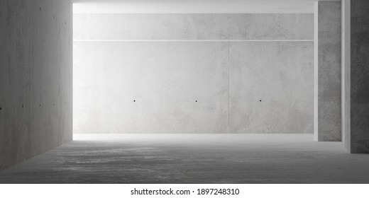Abstract empty, modern concrete room with indirect lighting from left side wall, horizontal pillar and rough floor - industrial interior background template, 3D illustration