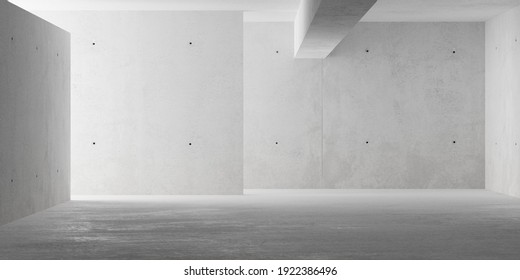 Abstract empty, modern concrete room with indirect lighting from right side wall, ceiling beam and rough floor - industrial interior background template, 3D illustration