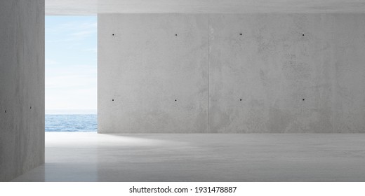 Abstract empty, modern concrete room with opening with ocean view on the back wall and rough floor - industrial interior background template, 3D illustration