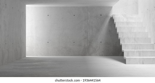 Abstract empty, modern concrete room with staircase and indirect lighting from top - industrial interior background template, 3D illustration