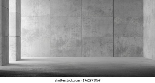 Abstract empty, modern concrete room with indirect lighting thru pillars on the left, plated back wall and rough floor - industrial interior background template, 3D illustration