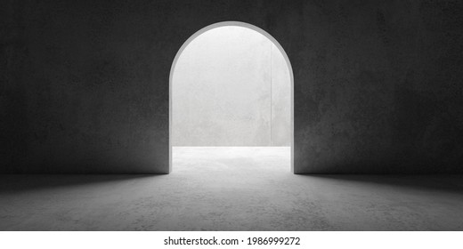 Abstract Empty, Modern Concrete Room With Open Archway In The Middle And Rough Floor - Industrial Interior Background Template, 3D Illustration