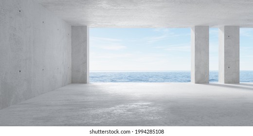 Abstract empty, modern concrete room with opening with ocean view in the back wall, pillars and rough floor - industrial interior background template, 3D illustration