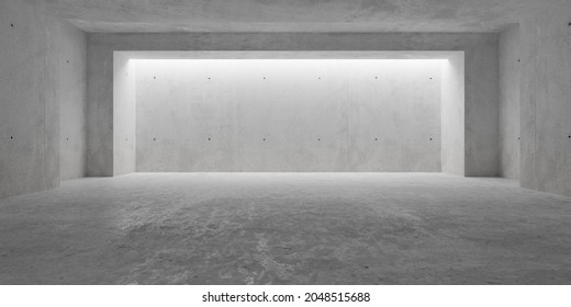 Abstract empty, modern concrete room with indirect lighting from back side wall, shifted recess element and rough floor - industrial interior background template, 3D illustration
