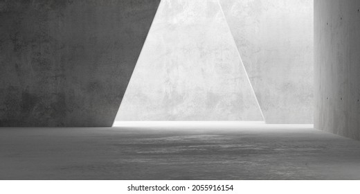 Abstract empty, modern concrete room with indirect lighting with sloped walls in the back and rough floor - industrial interior background template, 3D illustration