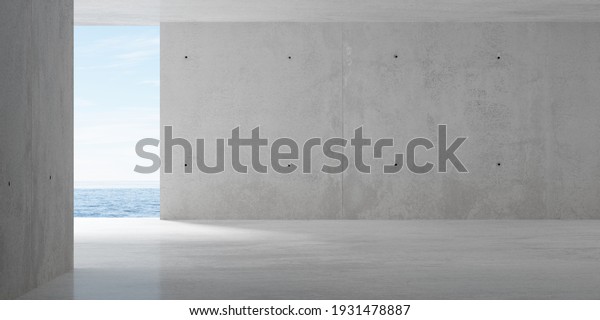 Abstract empty, modern concrete\
room with opening with ocean view on the back wall and rough floor\
- industrial interior background template, 3D\
illustration