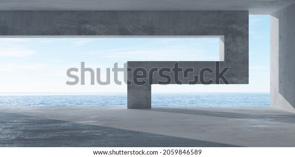 Abstract empty, modern concrete\
room with opening with ocean view, abstract divider wall and rough\
floor - industrial interior background template, 3D\
illustration