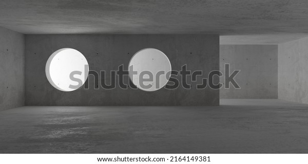 Abstract\
empty, modern concrete room with indirect lighting and divider wall\
with circular openings and rough concrete floor - industrial\
interior background template, 3D\
illustration