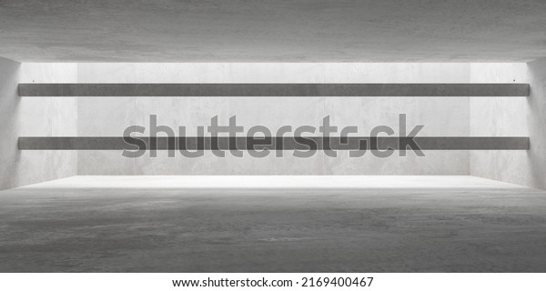 Abstract empty, modern concrete\
room with indirect lighting and divider beams and rough concrete\
floor - industrial interior background template, 3D\
illustration
