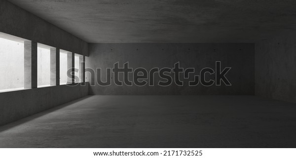 Abstract empty, modern concrete\
room with indirect lighting and interior wall and rough concrete\
floor - industrial interior background template, 3D\
illustration