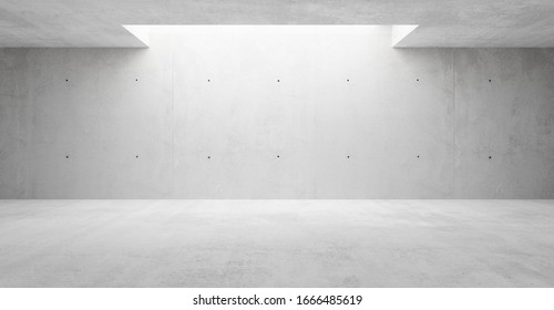 Abstract empty, modern concrete walls hallway room with indirekt ceiling lights in the back - industrial interior background template, 3D illustration