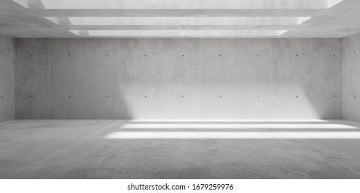 Abstract Empty, Modern Concrete Walls Hallway Room With Ceiling Light Shadows And Rough Floor - Industrial Interior Background Template, 3D Illustration