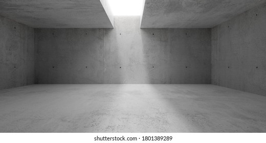 Abstract empty, modern concrete walls hallway room with ceiling opening light and rough floor - industrial interior background template, 3D illustration