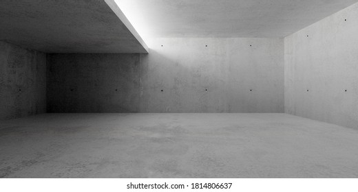Abstract empty, modern concrete walls room with ceiling opening light and rough floor - industrial interior background template, 3D illustration