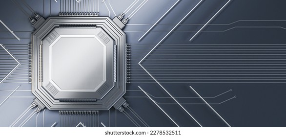 Abstract empty silver chip on metal wallpaper with lines. Mock up place. Technology and motherboard, computer and hardware concept. 3D Rendering