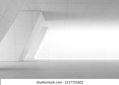 Abstract Empty Space With White Wall. Modern Blank Showroom With Floor. Future Concept. 3d Rendering.